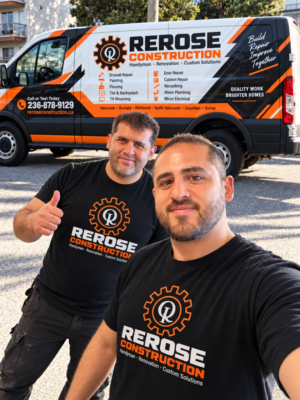 Orhan and Artu of Rerose Construction, wearing Rerose-branded shirts, in front of the Rerose company vehicle